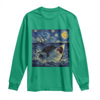 Funny Cat Biting Shark Starry Night Inspired Art Long Sleeve Shirt