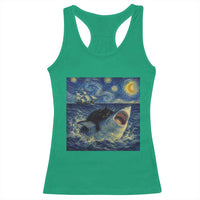 Funny Cat Biting Shark Starry Night Inspired Art Racerback Tank Top