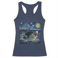 Funny Cat Biting Shark Starry Night Inspired Art Racerback Tank Top