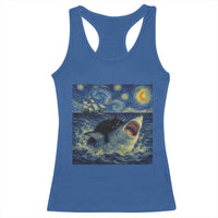 Funny Cat Biting Shark Starry Night Inspired Art Racerback Tank Top