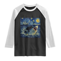 Funny Cat Biting Shark Starry Night Inspired Art Raglan Shirt