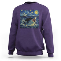 Funny Cat Biting Shark Starry Night Inspired Art Sweatshirt