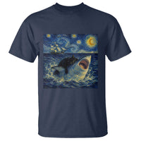 Funny Cat Biting Shark Starry Night Inspired Art T Shirt
