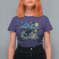 Funny Cat Biting Shark Starry Night Inspired Art T Shirt For Women