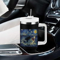Funny Cat Biting Shark Starry Night Inspired Art Tumbler With Handle