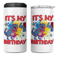 Dino Spider Its My 4th Birthday 4 in 1 Can Cooler Tumbler Dinosaur Gift For Boys