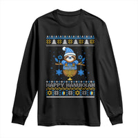 Happy Hanukkah Ugly Sweater Long Sleeve Shirt Funny Sloth Carrying Menorah Jewish Gift - Wonder Print Shop