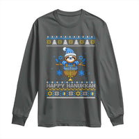 Happy Hanukkah Ugly Sweater Long Sleeve Shirt Funny Sloth Carrying Menorah Jewish Gift - Wonder Print Shop