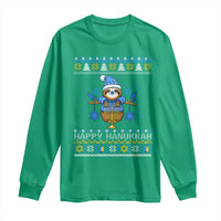 Happy Hanukkah Ugly Sweater Long Sleeve Shirt Funny Sloth Carrying Menorah Jewish Gift - Wonder Print Shop