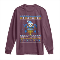 Happy Hanukkah Ugly Sweater Long Sleeve Shirt Funny Sloth Carrying Menorah Jewish Gift - Wonder Print Shop