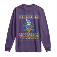 Happy Hanukkah Ugly Sweater Long Sleeve Shirt Funny Sloth Carrying Menorah Jewish Gift - Wonder Print Shop