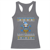 Happy Hanukkah Ugly Sweater Racerback Tank Top Funny Sloth Carrying Menorah Jewish Gift - Wonder Print Shop