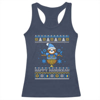 Happy Hanukkah Ugly Sweater Racerback Tank Top Funny Sloth Carrying Menorah Jewish Gift - Wonder Print Shop