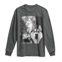 Funny Husky Chaos Long Sleeve Shirt Cool Dog Selfie With Burning Car