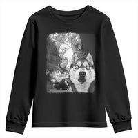 Funny Husky Chaos Youth Sweatshirt Cool Dog Selfie With Burning Car