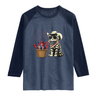 Patriotic Cowboy Cat Raglan Shirt 4th Of July Fireworks Celebration