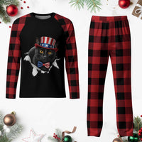 Funny Black Cat With Uncle Sam Hat Plaid Pajama Set Patriotic Pet Lover