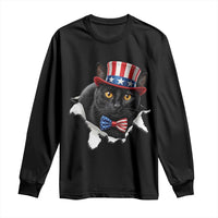 Funny Black Cat With Uncle Sam Hat Long Sleeve Shirt Patriotic Pet Lover