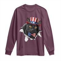 Funny Black Cat With Uncle Sam Hat Long Sleeve Shirt Patriotic Pet Lover