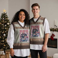Funny Fourth Of July Raccoon V-Neck Knit Sweater Vest Feral But Free