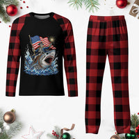Patriotic Skeleton Pirate Riding Shark Plaid Pajama Set American Ocean Pride