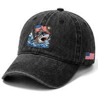 Patriotic Skeleton Pirate Riding Shark Washed Cotton Baseball Cap American Ocean Pride