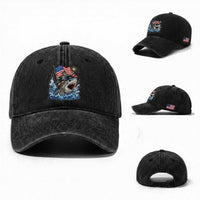 Patriotic Skeleton Pirate Riding Shark Washed Cotton Baseball Cap American Ocean Pride