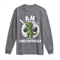 I Am Unstoppable Long Sleeve Shirt Funny Weightlifting Dinosaur Gym - Wonder Print Shop