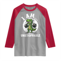 I Am Unstoppable Raglan Shirt Funny Weightlifting Dinosaur Gym - Wonder Print Shop