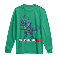 Patriotic Dinosaur Long Sleeve Shirt Funny Amerisaurus Rex Statue Of Liberty Dino - Wonder Print Shop