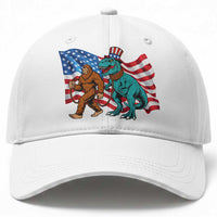 Funny Patriotic Baseball Cap Bigfoot Walking Dinosaur With USA Flag