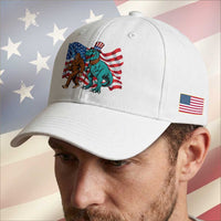 Funny Patriotic Baseball Cap Bigfoot Walking Dinosaur With USA Flag