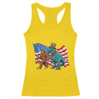 Funny Patriotic Racerback Tank Top Bigfoot Walking Dinosaur With USA Flag - Wonder Print Shop