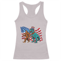 Funny Patriotic Racerback Tank Top Bigfoot Walking Dinosaur With USA Flag - Wonder Print Shop