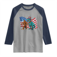 Funny Patriotic Raglan Shirt Bigfoot Walking Dinosaur With USA Flag - Wonder Print Shop