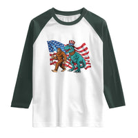 Funny Patriotic Raglan Shirt Bigfoot Walking Dinosaur With USA Flag - Wonder Print Shop