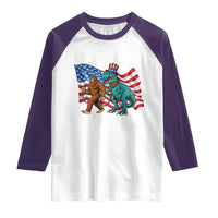Funny Patriotic Raglan Shirt Bigfoot Walking Dinosaur With USA Flag - Wonder Print Shop