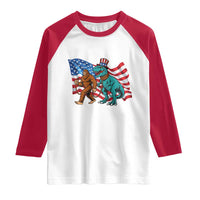 Funny Patriotic Raglan Shirt Bigfoot Walking Dinosaur With USA Flag - Wonder Print Shop