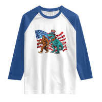Funny Patriotic Raglan Shirt Bigfoot Walking Dinosaur With USA Flag - Wonder Print Shop