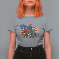 Funny Patriotic T Shirt For Women Bigfoot Walking Dinosaur With USA Flag - Wonder Print Shop