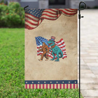 Funny Patriotic Garden Flag Bigfoot Walking Dinosaur With USA Flag