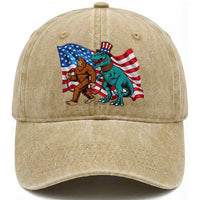 Funny Patriotic Washed Cotton Baseball Cap Bigfoot Walking Dinosaur With USA Flag