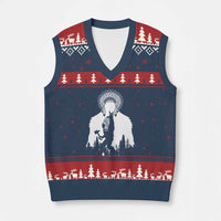 Bigfoot Native American Chief V-Neck Knit Sweater Vest Hunting Spear Warrior Graphic
