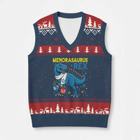 Funny Hanukkah Dinosaur With Dreidel Menorah Pun Gift V-Neck Knit Sweater Vest Menorasaurus Rex - Wonder Print Shop