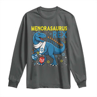 Funny Hanukkah Dinosaur With Dreidel Menorah Pun Gift Long Sleeve Shirt Menorasaurus Rex - Wonder Print Shop