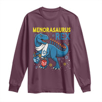 Funny Hanukkah Dinosaur With Dreidel Menorah Pun Gift Long Sleeve Shirt Menorasaurus Rex - Wonder Print Shop