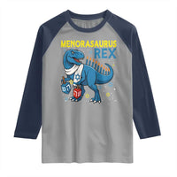 Funny Hanukkah Dinosaur With Dreidel Menorah Pun Gift Raglan Shirt Menorasaurus Rex - Wonder Print Shop