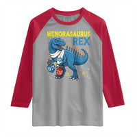 Funny Hanukkah Dinosaur With Dreidel Menorah Pun Gift Raglan Shirt Menorasaurus Rex - Wonder Print Shop