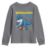 Funny Hanukkah Dinosaur With Dreidel Menorah Pun Gift Youth Sweatshirt Menorasaurus Rex - Wonder Print Shop
