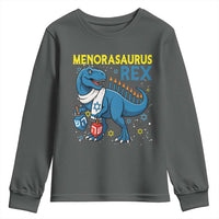 Funny Hanukkah Dinosaur With Dreidel Menorah Pun Gift Youth Sweatshirt Menorasaurus Rex - Wonder Print Shop